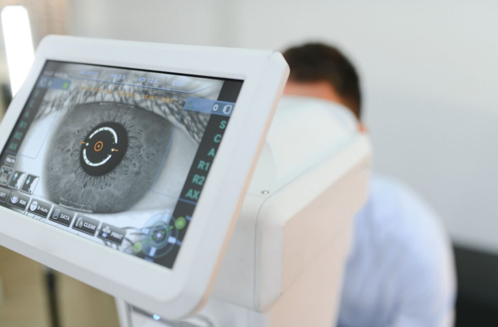 Close-up of a digital retinal imaging device showing a detailed image of a patient’s eye during an eye health assessment at an optometry clinic.