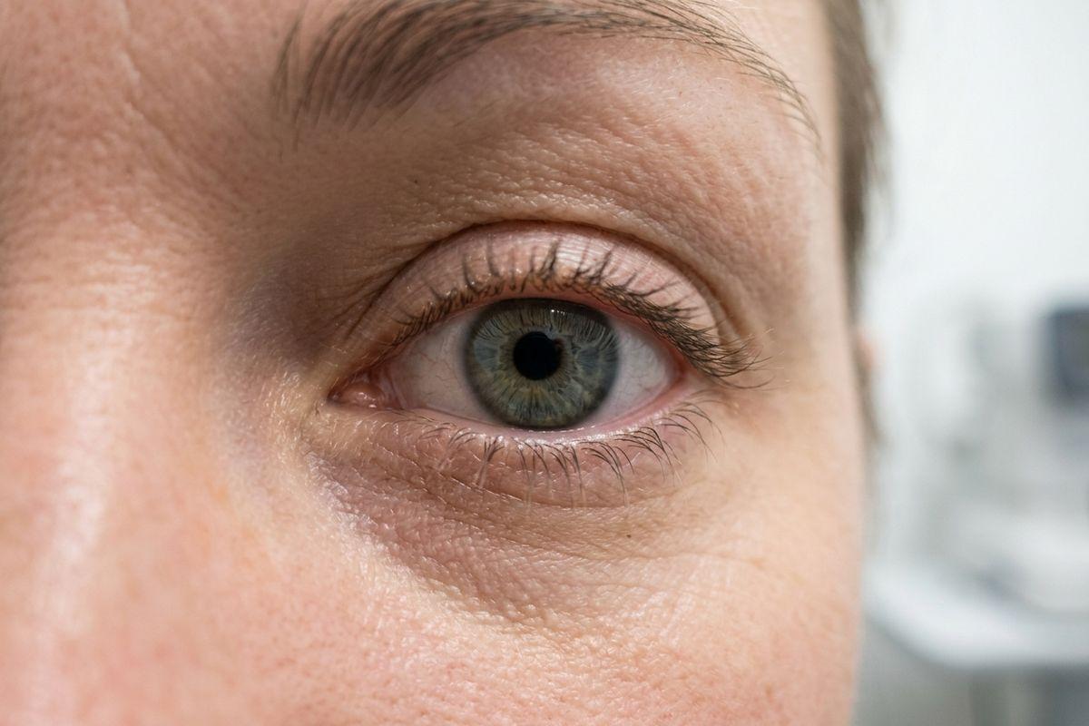 Close-up of a blue-green human eye with visible eyelashes, eyebrow, and fine skin texture around the eyelid.