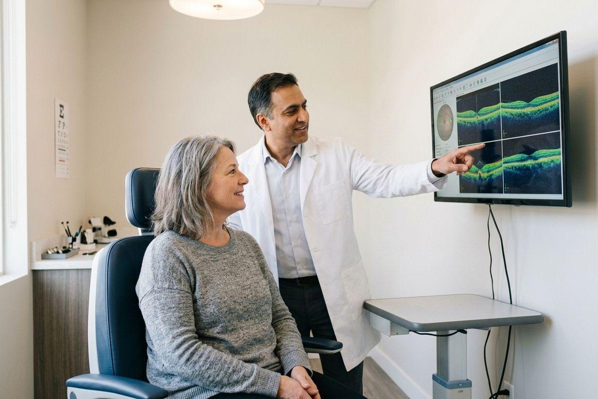 Doctor in white coat pointing to OCT retinal scan on monitor while explaining results to a seated patient in an eye clinic.