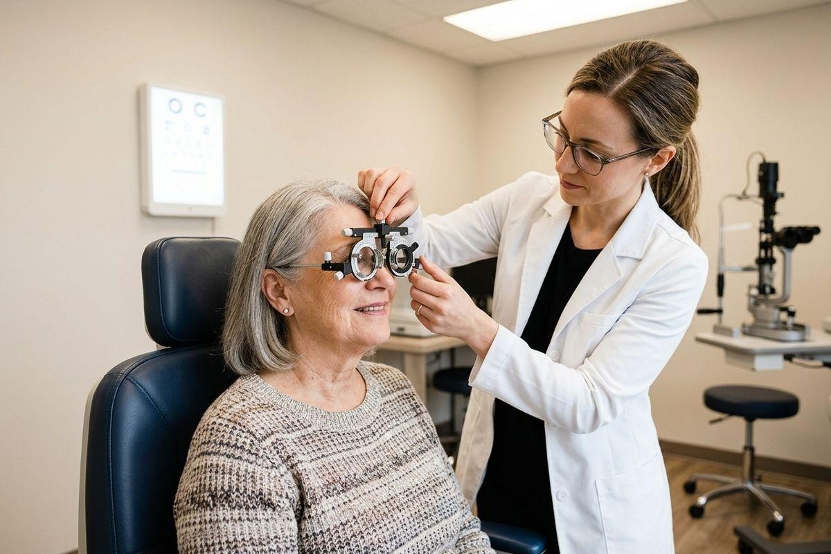 Optometrist fitting a trial frame on a smiling older adult seated in an exam chair, with an eye chart and slit lamp visible.
