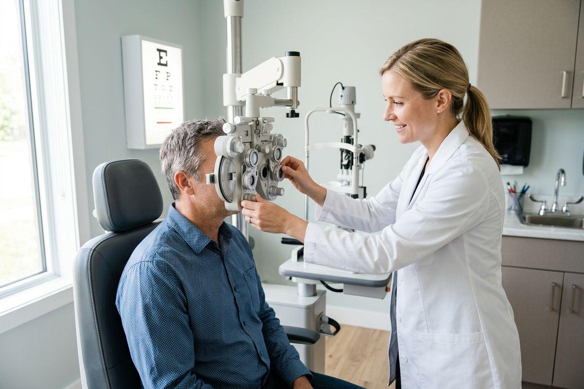 Optometrist smiling while adjusting a phoropter over a seated adult's eyes during an eye exam, with an eye chart visible on the wall.