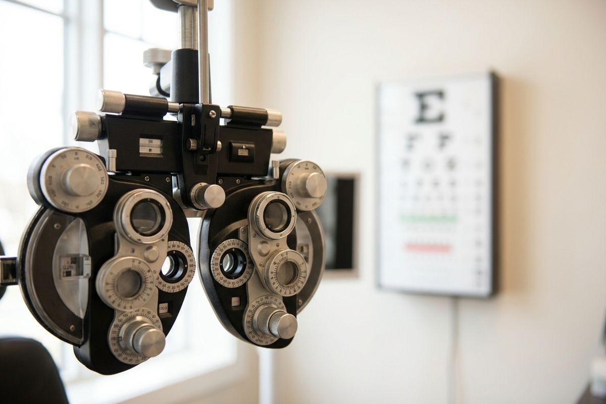 Phoropter in focus in an eye exam room, with a blurred Snellen eye chart mounted on the wall behind it.