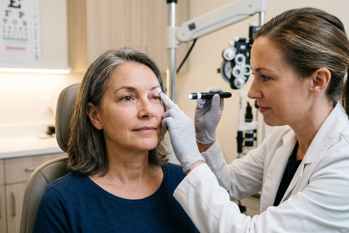 Optometrist using a penlight to examine a seated adult's eye in an exam room with a phoropter and eye chart visible.