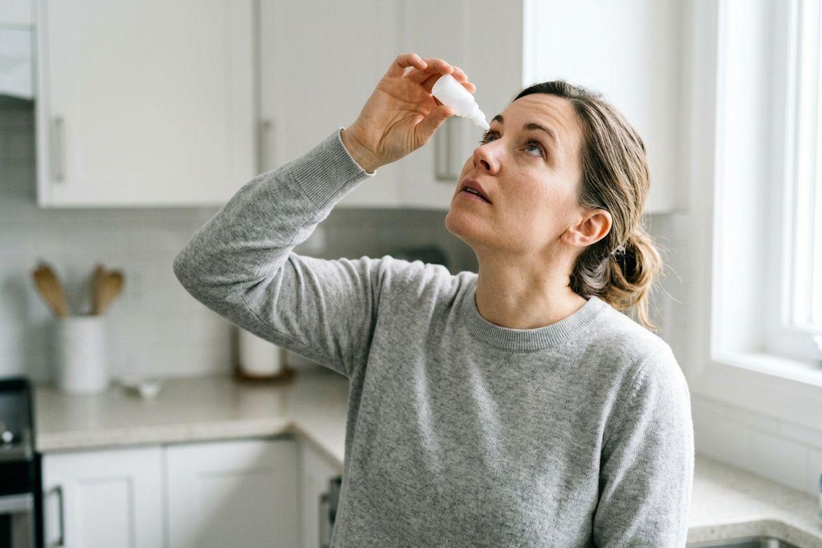 Adult in a grey sweater tilts head back to apply eye drops from a small white bottle while standing in a bright kitchen.