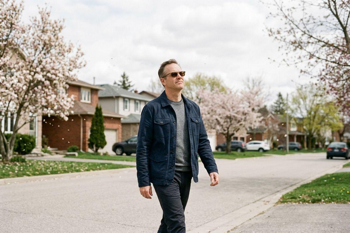 Adult in sunglasses and navy jacket walking along a suburban street lined with blossoming trees, houses and parked cars in the background.